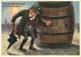 Drei Stunden unterwegs und noch net daheim! Emil Köhn Kunstverlag, München Nr. 550. / German drunk humour art postcard