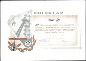 1985 Tatabányai szénbánya 40 éves szolgálati emléklap Szám Ede részére 35x24 cm