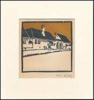 Kós Károly (1883-1977): Erdélyi utcarészlet, színes linómetszet, papír, utólagos jelzéssel, paszpartuban, 11 x 11 cm