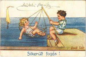 Sikerült fogás! / Hungarian children art postcard, humour s: Zsolt Edit (EK)