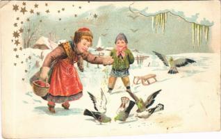 Christmas greeting art postcard, child with sled. litho (vágott / cut)