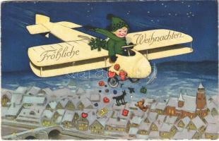 1928 Fröhliche Weihnachten! / Christmas greeting art postcard, child with airplane and toys. Meissner & Buch Kunstkarte Nr. 3003. (EK)