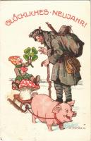 1928 Glückliches Neujahr! / New Year greeting art postcard with soldier, dwarf, pig, mushroom and clover. Verlag der &quot;Heimatsöhne&quot; Reichenberg Nr. 28. s: E. Kutzer (kis szakadás / small tear)