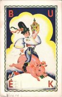 BUÉK / New Year greeting art postcard, Hungarian folklore (EK)