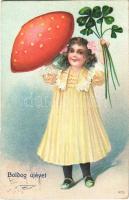 1910 Boldog Újévet! / New Year greeting art postcard, girl with mushroom and clover. Emb. litho (EK)