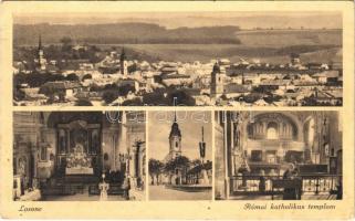 1940 Losonc, Lucenec; látkép, Római katolikus templom, belső, Országzászló / general view, Catholic church, interior, Hungarian flag (fl)