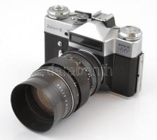 Zenit-E fényképezőgép Pentacon 135mm f/2.8 objektívvel, működőképes, szép állapotban, az objektív lencséin karcok