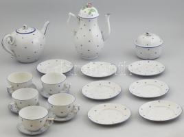 Herendi kék virág mintás teás, mokkás készlet részet + étkészlet darab: 1-1 teás és kévés kanna, egyiken lepattanással, egy cukortartó 4 + 1 db teáscsée aljjal, egy sérült, 2x6 db tányér, szószos tál . Kézzel festett, jelzett, (1839-1939 jubileumi jelzés), kopásokkal.