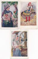 3 db RÉGI magyar népviseletes motívum képeslap, Köves szignóval / 3 pre-1945 Hungarian folklore motive postcards