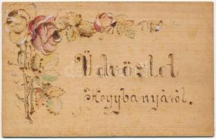 1914 Hegybánya, Pjerg, Piarg, Siegelsberg, Stiavnické Bane (Selmecbánya, Banská Stiavnica); Üdvözlet! falemez képeslap / Greetings, floral. Wooden postcard (fl)