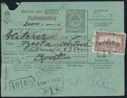 1922 Postautalvány 10K bérmentesítéssel / Money order with 10K franking SZEGED - BUDAPEST