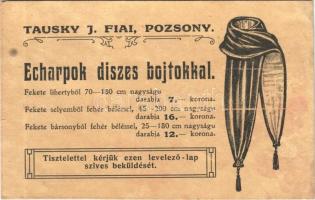 Pozsony, Pressburg, Bratislava; Echarpok díszes bojtokkal Tausky J. Fiai ruhakereskedő cég reklám levelezőlapja / shop advertising card (r)