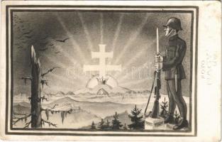 Mindent vissza! irredenta művészlap katonával / Hungarian irredenta propaganda art postcard. Foto Nagy (Léva) s: Halasy Jenő (fl)