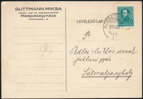 1936 Guttmann Miksa fűszer-, vas- és vegyeskereskedő, Medgyesegyháza, fejléces levelezőlap, Adler Miklósnak Sátoraljaújhelyre postázva, Guttmann Miksa aláírásával