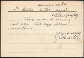 1936 Guttmann Miksa fűszer-, vas- és vegyeskereskedő, Medgyesegyháza, fejléces levelezőlap, Adler Mi...