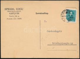 1935 Spiegel Ignác fűszernagykereskedő, Kapuvár, fejléces levelezőlap, Sátoraljaújhelyre postázva, Spiegel Ignác bélyegzőjével