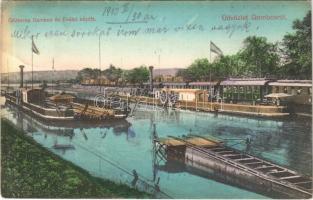 1910 Gombos, Bogojeva; Gőzkomp Gombos és Erdőd között, gőzmozdony / steam ferry with locomotive between Bogojevo and Erdut, train transporting ferry (EK)