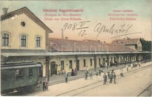1908 Nagykikinda, Kikinda; Eisenbahn-Station / Vasúti indóház, vasútállomás, vonat, vasutasok / railway station, train, railwaymen (r)