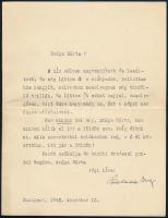 1943 Balassa Imre (1886-1974) író, újságíró, dramaturg, zenekritikus gépelt levele, saját kezű aláírásával Verő Márta (1898-1983) színésznő részére.