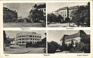 1940 Ungvár, Uzshorod, Uzhhorod, Uzhorod; Nagyhíd utca, Gimnázium, Posta, kerékpár, Polgári fiúiskola / street view, high school, post office, bicycle, boys school (EK)
