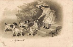 Dogs, child Emb. litho