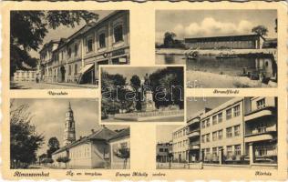 1942 Rimaszombat, Rimavská Sobota; Városháza, Strandfürdő, evezősök, Kórház, Evangélikus templom, Tompa Mihály szobra / town hall, bath, spa, rowing boats, hospital, Lutheran church, statue (EK)