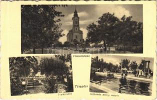 1940 Tiszaörs, Fő utca, templom, park, Hőforrás, meleg uszoda, fürdőzők. Schwarcz fényképész kiadása (EK)