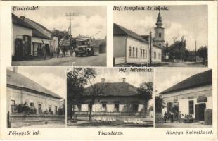 1934 Tiszaderzs, utca, autóbusz, Református templom és iskola, Főjegyzői lak, Református lelkészlak, kerékpár, Hangya Szövetkezet üzlete és saját kiadása