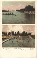 1934 Karcag, hővízű gyógy- és strandfürdő, evezős csónak, fürdőzők (EK)