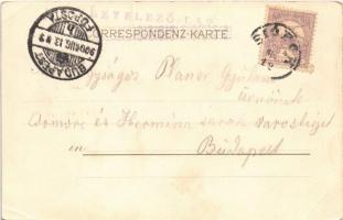 1900 Siófok, Hullám és Sió szállodák. vasúti híd a Sión. Kunstanstalt Kosmos 139. litho s: Geiger (E...