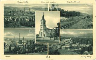 1939 Ózd, Vasgyári látkép, Római katolikus templom, Fogaskerekű vasút, kohók, község látképe