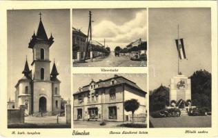 1939 Bánréve, utca, automobil, Országzászló, Hősök szobra, emlékmű, Római katolikus templom, Berecz Sándorné üzlete és saját kiadása