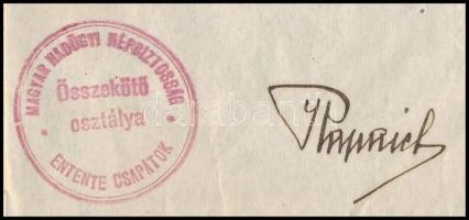 1919 Magyarországi Hadügyi Népbiztosság Összekötő Ösztálya Entente Csapatok igazolása Rákosi György ...