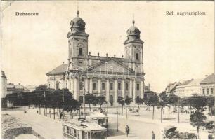 1916 Debrecen, Református nagytemplom, villamosok, piac. Thaisz A. 7053. (EK)