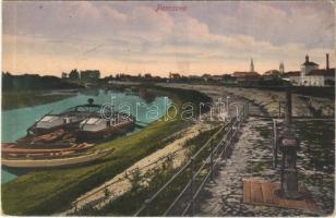 1916 Pancsova, Pancevo; folyópart, kerekes kút, hajó / riverside, well, ship