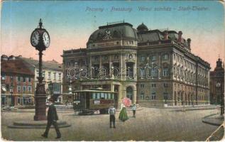 Pozsony, Pressburg, Bratislava; Városi színház, köztéri óra, villamos, üzletek / theatre, clock, tram, shops (EK)