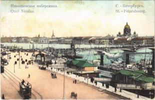 1907 Saint Petersburg, St. Petersbourg; Quai Nicolas / quay, horse-drawn tram, steamship (EK)