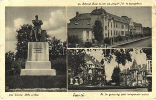 1940 Putnok, Gróf Serényi Béla szobra, Gróf Serényi Béla M. kir. állami polgári fiú- és leányiskola, M. kir. gazdasági felső leánynevelő intézet. Gärtner J. kiadása (fa)