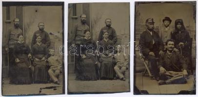 cca 1900 3 db ferrotípia, rajta Ferenczy József író családja, a háttérben épület díszlettel, a képek öreg bakával, 9x6 cm és 8,5x6 cm közötti méretben