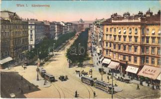 1914 Wien, Vienna, Bécs; Kärntnerring / street view, tram, café (EK)