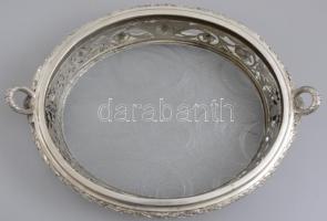 Ezüst (Ag) áttört kínáló tál. XIX: sz. vége, magyar. Jelzett mesterjegyes. Üveg lappal az alján. Net...