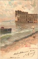 1900 Napoli, Naples; Palazzo Donn Anna / palace, seashore. litho