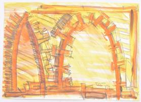 Ghyczy György (1953-): Agora, Sziget, 2000 (készült az Sziget Fesztivál Agora nemzetközi alkotótábora alatt). Akvarell, ceruza, papír, jelzett, 37×52 cm