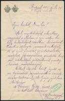 1927 Lukovich Aladár nemzetgyűlési képviselő, a nemzetgyűlés egykori háznagya (1920-1922) saját kézzel írt részvétnyilvánító levele Dr. Darányi Gyula (1862-1937) részére, testvére Darányi Ignác (1849-1927) elhalálozása miatt, a papíron áthúzással, aláírás nélkül, Lukovich-család címeres fejléces papírján, ceruzás bejegyzéssel, Ex Bibliotheca MDCCCXV Stephani Várady bélyegzéssel.