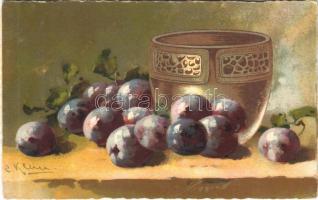 1933 Still life art postcard with plums. G.O.M. 2173. s: C. Klein