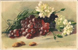 Still life art postcard with grapes. G.O.M. 925. s: C. Klein (fl)