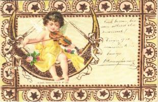 1900 Angel with violin. Art Nouveau, floral, litho (EK)