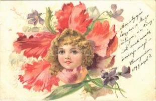 1899 Child flower art postcard. Serie No. 3. litho (kis szakadás / small tear)