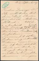 cca 1870-1890 Gr. Teleki Domokos saját kézzel írt levele Darányi Gyula (1867-1937) részére, Kedves Darányi úr! megszólítással, a levélben meghívással az Angol Királynő szállodába, és a Pestre érkező Darányi Ignác (1849-1927) hírével, valamint egyéb ügyekkel, Teleki Domokos saját kezű aláírásával, Ex Bibliotheca MDCCCXV Stephani Várady bélyegzéssel, 2,5 beírt oldal.