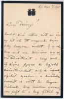 1898 Sajókaza, Tisza Kámánné Degenfeld-Schomburg Ilona (1839-1913) saját kézzel írt levele Darányi Gyula (1867-1937) részére, benne gratulációjával lánya, Darányi Ella (1898-?) születésért, címeres (Tisza/Degenfeld-Schomburg) levélpapíron, borítékkal, Tisza Kálmánné aláírásával.